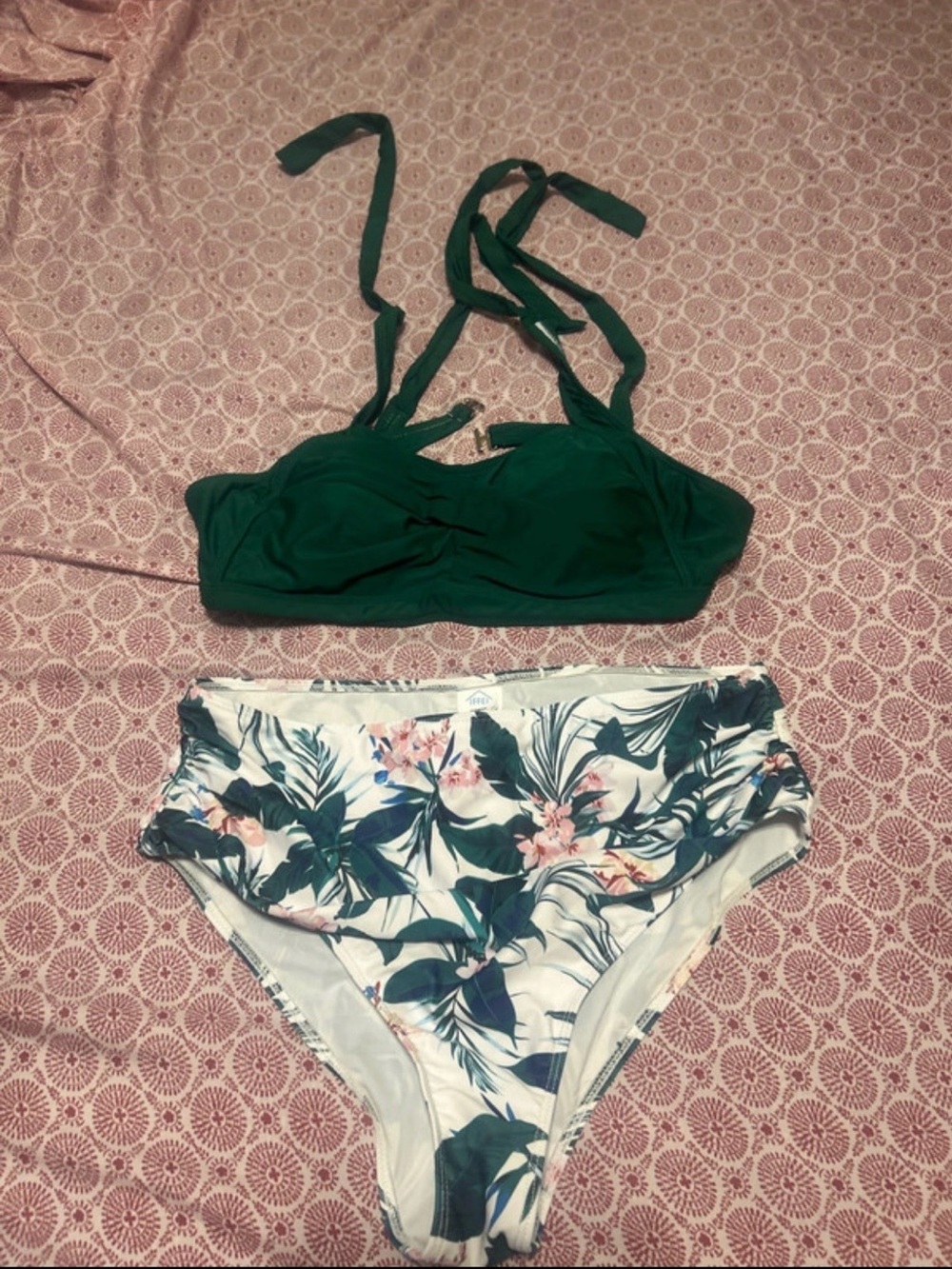 Women’s Green Bikini Top with Tropical High-Waist Bottoms